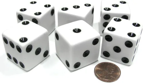 Miniatura 2 de Juego de 6 dados gigantes opacos grandes D6 de 0.984 in, color blanco con pipa negra por Koplow