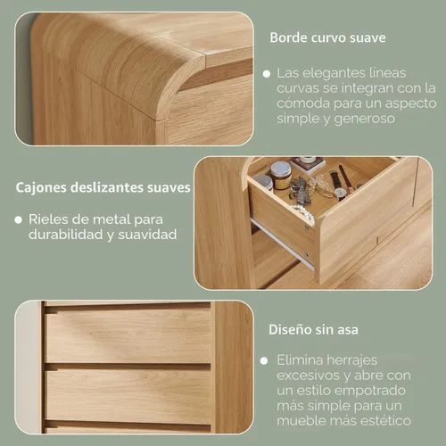 Miniatura 5 de Aitjunz Cómoda moderna de 5 cajones para dormitorio, 114 cm de altura con diseño de perfil curvo, cómoda vertical de madera estilo mediados de siglo
