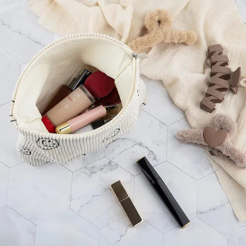 Miniatura 6 de Bolsa de maquillaje para mujeres, bolsa de cosméticos de pana con diseño estético, bolsa de mano para damas, estuche para lápices para niñas, lindo