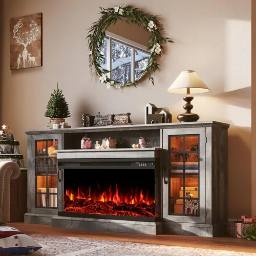 Miniatura 14 de Soporte de TV con chimenea de 59 pulgadas, mesa de consola central de entretenimiento de vidrio de 3 caras para televisores de hasta 65 pulgadas