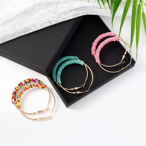 Miniatura 7 de Jinxiuge Juego de 6 pares de aretes de aro con cuentas para mujer, hechos a mano