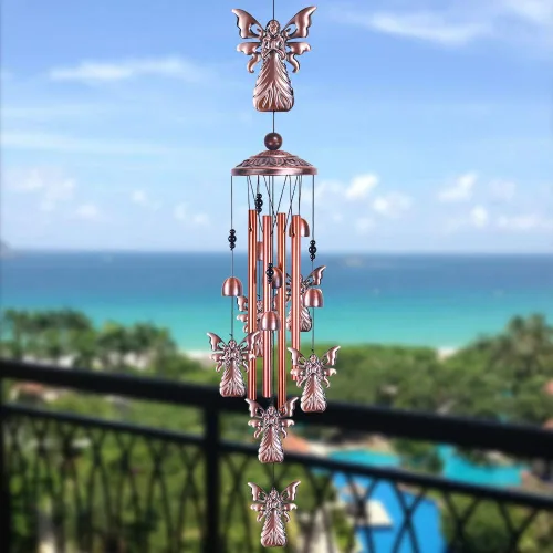 Miniatura 5 de Campanillas de viento de ángel de jardín de 36 pulgadas para decoración interior y exterior, con 4 tubos de aluminio, 6 campanas, 7 ángeles