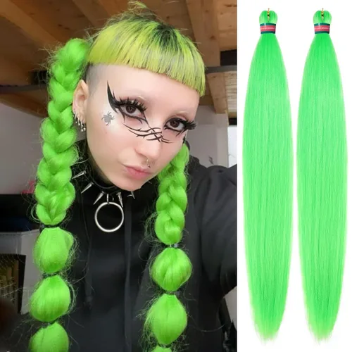 Miniatura 19 de Extensiones de cabello para trenzar verde+verde claro, preestiradas, 2 paquetes, con cabello plumoso pre-trenzado, extensiones de cabello