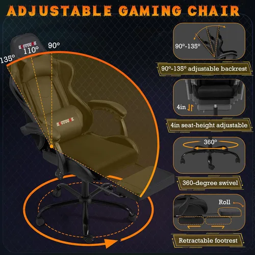 Miniatura 4 de ECOTOUGE Silla ergonómica para videojuegos, silla de videojuegos con cojín trasero extraíble, silla de jugador con almohada lumbar de masaje