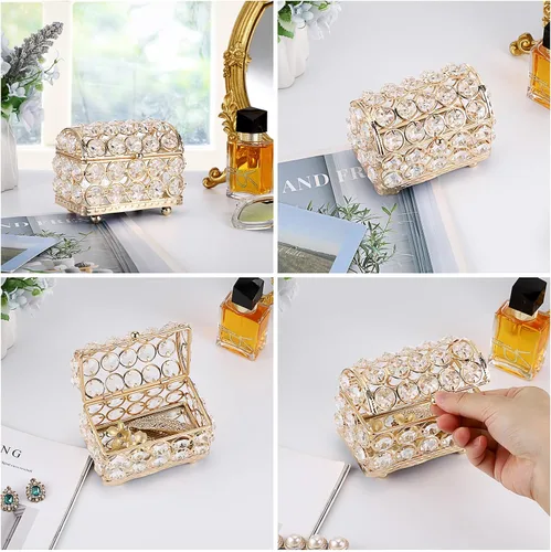 Miniatura 9 de ELLDOO Joyero de cristal, caja organizadora de aretes, anillos, decoración del hogar, caja decorativa con tapa, regalo dorado para San Valentín
