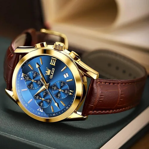 Miniatura 5 de OLEVS Reloj cronógrafo de cuarzo para hombre correa de cuero dorada con fecha de día reloj de pulsera de acero inoxidable impermeable relojes