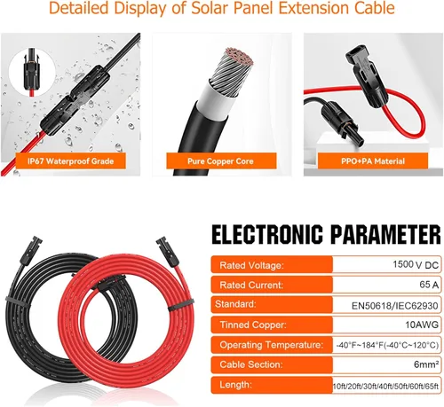 Miniatura 2 de Temank Cable de extensión solar 10AWG de 60 pies, cables solares de calibre 10 de 60 pies para sistemas solares, automóviles, casas rodantes