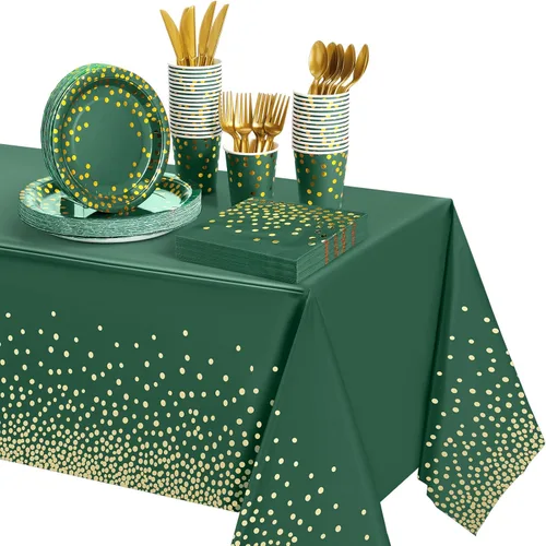 Miniatura 9 de Tegeme 256 piezas de suministros de fiesta de lunares burdeos y dorados, platos de papel, servilletas granate, vasos, vajilla desechable, mantel