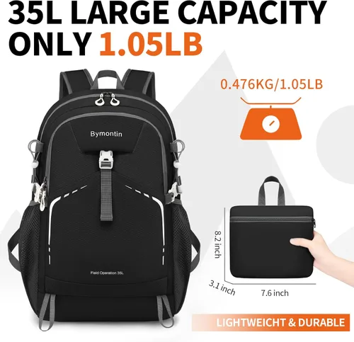 Miniatura 4 de Mochila plegable ligera de 35 litros - Mochila plegable duradera para viajes, senderismo y gimnasio (negro)
