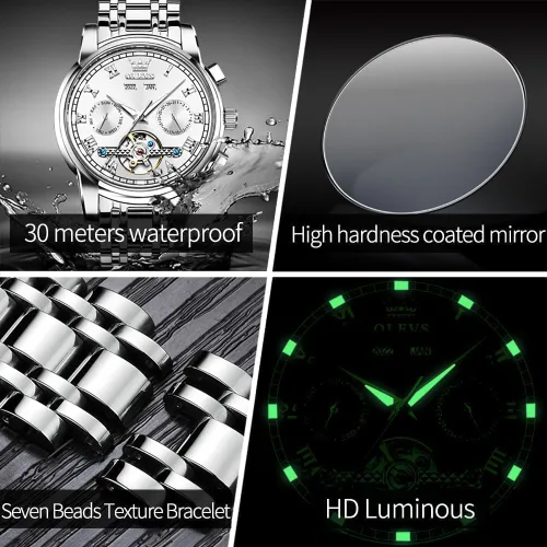 Miniatura 5 de OLEVS Relojes de pareja para hombres y mujeres, reloj automático para él y ella, tono de remolque, de acero inoxidable, impermeable, luminoso