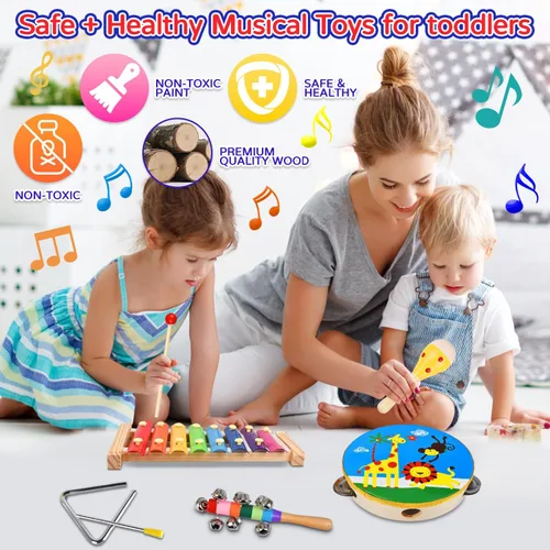 Miniatura 2 de Juego de instrumentos musicales para niños, 20 piezas de instrumentos de percusión de madera para bebés y niños con maracas de xilófono pandereta