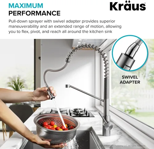 Miniatura 7 de KRAUS Oletto - Grifo de cocina de un solo mango extraíble de estilo comercial con ensamble de montaje superior QuickDock en bronce champán antiguo