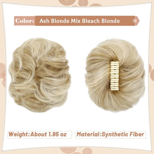 Miniatura 2 de Moño desordenado, extensiones de cabello sintético con clip de garra, para mujer, rubio ceniza, mezcla de rubio decolorado
