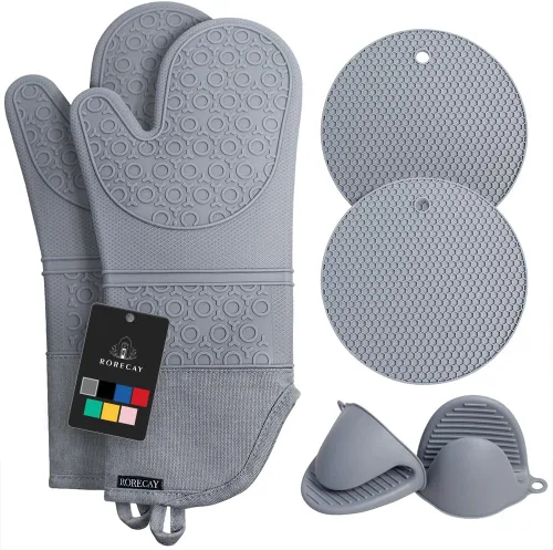 Rorecay Juego de 6 guantes de horno y soportes para ollas para cocina, guantes de horno extralargos de silicona, resistentes al calor, 500 grados,