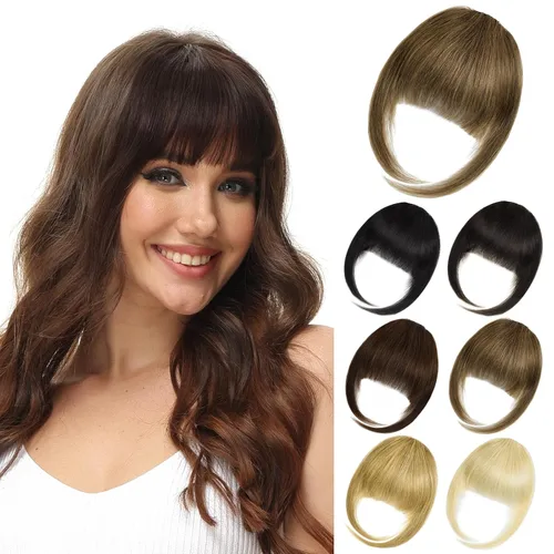 Miniatura 12 de Extensiones de cabello sintético con clip, flequillo francés, con sienes, color marrón ceniza, flequillo falso natural con clip para mujer, uso