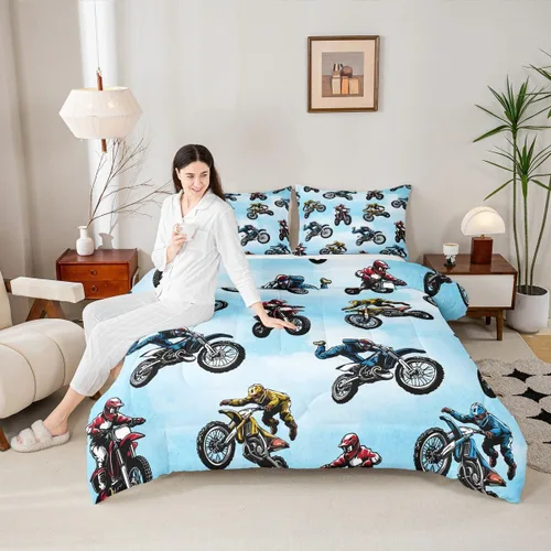 Erosebridal Juego de ropa de cama de motocross tamaño individual, juego de edredón deportivo extremo para niños y adolescentes, edredón acolchado