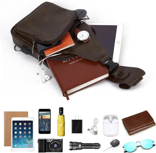 Miniatura 5 de Bolso bandolera de cuero para hombre, impermeable, bandolera con puerto de carga USB, bolsa de hombro, Café Oscuro, talla única, Viajar