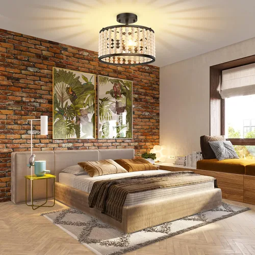 Miniatura 8 de Lámpara bohemia de granja - Lámpara de techo con cuentas de madera, lámpara de techo rústica semiempotrada, lámpara negra de 2 luces para cuarto