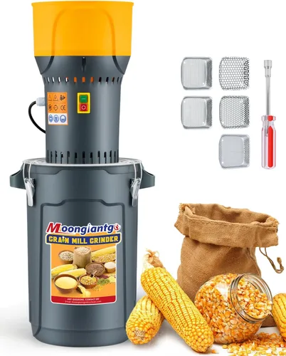 Moongiantgo Molino de grano molinillo eléctrico de maíz de 1300 W, molino de cereales secos, desprendible, cubo y tolva de 6.6 galones, con 5