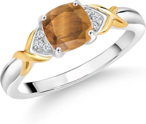 Gem Stone King Anillo de plata 925 925 con diseño de ojo de tigre marrón G-H cultivado en laboratorio y oro amarillo de 10 quilates, Metal Gema, Ojo