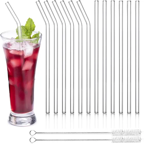 Paquete de 12 popotes de vidrio reutilizables de 8 pulgadas x 0.315 in, 6 popotes doblados y 6 rectos de vidrio transparente con 2 cepillos de