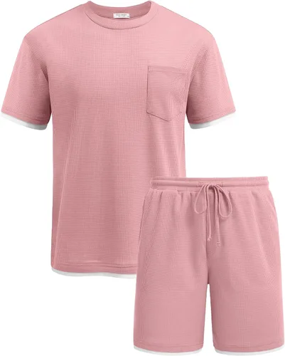 Miniatura 17 de COOFANDY Conjunto de camisa y pantalones cortos de gofre para hombre, conjunto de 2 piezas, conjunto casual de verano con bolsillos