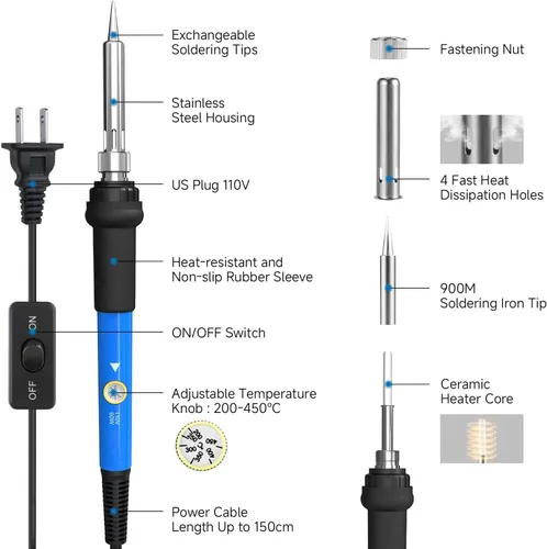 Miniatura 2 de LDK Kit de soldador de 60 W, soldador de 110 V con 5 puntas de soldadura, alambre de soldadura, herramientas de soldadura de soldadura de Azul