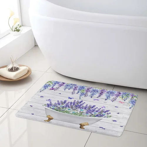 Miniatura 3 de LB Juego de cortinas de ducha de mariposa y flores con alfombras, margaritas y morado lavanda, hojas de eucalipto, cortina de ducha verde