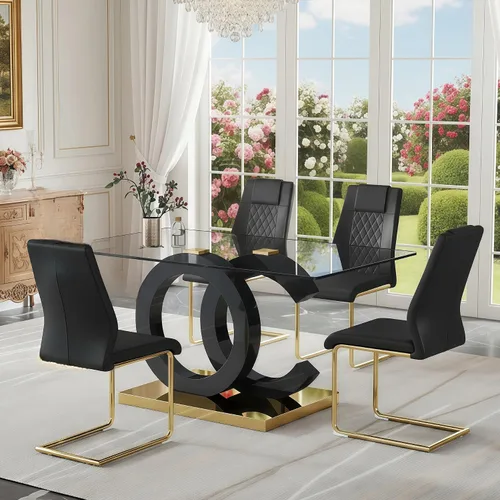 Miniatura 26 de Juego de mesa de comedor de cristal de 63 pulgadas para 6, juego de mesa de comedor moderno para 6, mesa de vidrio templado con patas negras