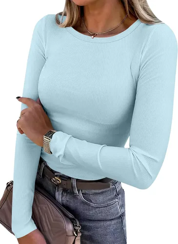 Miniatura 9 de ANRABESS - Camisetas de manga larga para mujer, de punto acanalado, ajustadas, básicas, 2025, informales, para usar a capas o debajo del uniforme