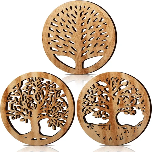 Beeveer 3 Piezas Salvamanteles de Árbol de la Vida de Madera para Platos Calientes 8 Salvamanteles Redondos Rústicos de Árbol Juego de Portaplatos