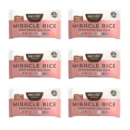Miracle Noodle Miracle Rice, 8 onzas (paquete de 6), arroz Shirataki Konjac a base de plantas, 5 calorías, 1g de carbohidratos netos por porción,