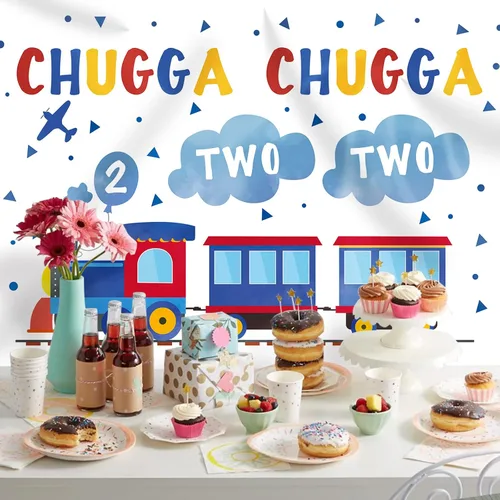 Miniatura 3 de Telón de fondo de feliz segundo cumpleaños de 7 x 5 pies, tren azul y rojo para niño, Chugga Chugga, dos dos nubes, plano de fotografía, fondo