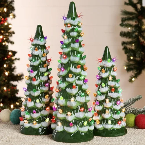 Miniatura 9 de Best Choice Products Juego de 3 árboles de Navidad de cerámica, decoración navideña de mesa pintada a mano con bombillas blancas cálidas, luces LED