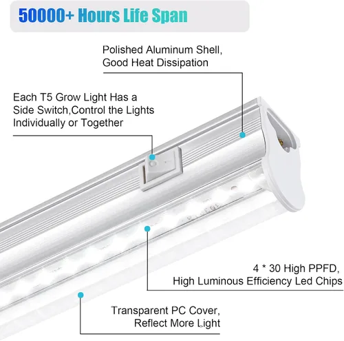 Miniatura 4 de Hywymlait T5 - Luces de cultivo para plantas de interior, espectro completo de 5000 K, lámpara LED de cultivo de 1 pie, tiras de luz de cultivo