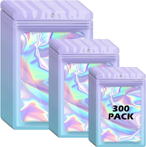 Miniatura 17 de 300 bolsas holográficas de mylar, 3 tamaños, bolsas a prueba de olores con ventana transparente, bolsas de papel de aluminio resellables