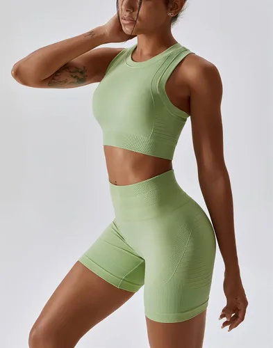 Miniatura 48 de Conjuntos de entrenamiento para mujer, 2 piezas, sin costuras, acanalada, sin mangas, brasier deportivo, cintura alta, pantalones cortos