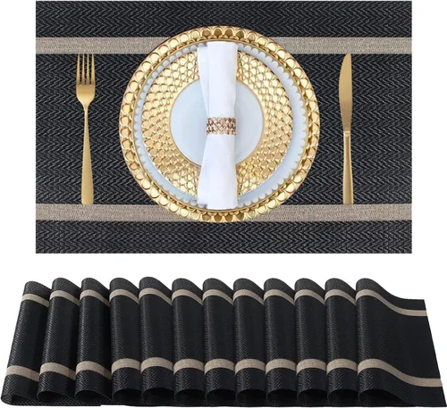 FAVE Juego de 12 manteles individuales negros tejidos con hilo dorado de vinilo para bodas, banquetes, cumpleaños, fiestas, restaurantes (negro, 12