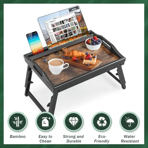 Miniatura 5 de Paquete de 2 bandejas de cama para mesa de desayuno, bandejas de servicio de altura ajustable para comer, bandeja de bambú para laptop con patas