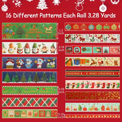 Miniatura 4 de 16 rollos de cinta adhesiva Washi de Navidad, cinta de enmascarar festiva, 4 tamaños, rojo y verde, cinta de envolver navideña, cinta decorativa