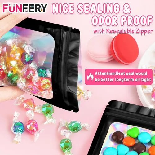 Miniatura 4 de FUNFERY 100 piezas de bolsas resellables transparentes holográficas, bolsas de embalaje a prueba de olores, bolsas de almacenamiento de alimentos