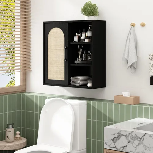Miniatura 4 de RUSTOWN Armario de pared de ratán bohemio, gabinete de baño de mediados de siglo con puerta corredera, estantes ajustables, armario de Negro