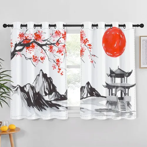 Miniatura 184 de Cortinas japonesas con pintura de tinta, monte Fuji, sol rojo, puesta de sol, hojas de bambú, cortinas de ventana para dormitorio, sala de estar