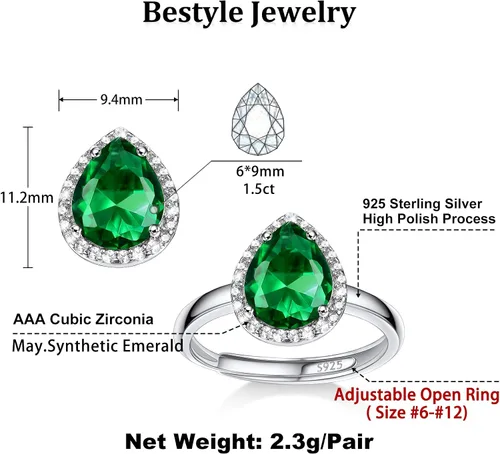 Miniatura 7 de 925 Sterling Silver Birthstone Rings for Women Girls with Clear 2ct HeartRoundTeardropSquare Crystal, Solitaire Diamond Halo Open Bands Cubic