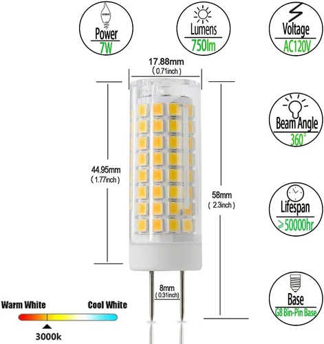 Miniatura 3 de Bombilla LED G8, repuesto de bombilla halógena de 75 W, regulable 7 W, 750 lúmenes, CA 120 V, base bipin GY8.6/G8, blanco cálido 3000 K para luz