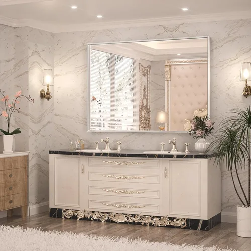 Miniatura 2 de Keonjinn Espejo de baño plateado de 48 x 36 pulgadas para colocar sobre el fregadero, espejo de pared rectangular grande con marco de metal Plata