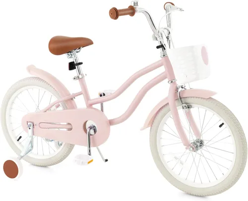 Miniatura 12 de HONEY JOY Bicicleta para niños de 12, 14, 16, 18, 20 pulgadas, con ruedas de entrenamiento, freno de mano y freno de posavasos, cadena totalmente