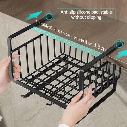 Miniatura 5 de Almacenamiento debajo del gabinete, cesta colgante de acero al carbono inoxidable para cocina y oficina, estante debajo del escritorio