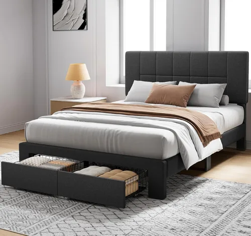 Miniatura 3 de Pipishell Marco de cama Full con 2 cajones de almacenamiento, 12 patas resistentes, base de cama de madera maciza con cabecera tapizada