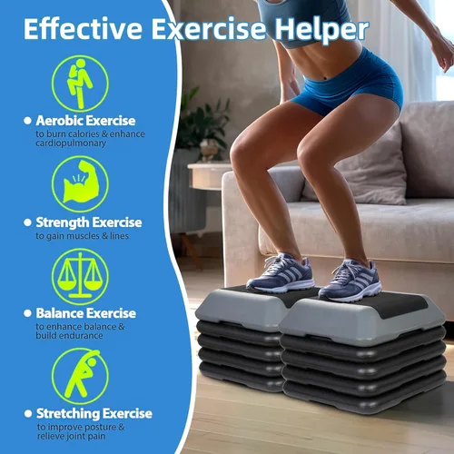 Miniatura 3 de Banco de plataforma de entrenamiento aeróbico ajustable de 16 pulgadas con 4 elevadores de 4-6-8-10-12 pies de altura para gimnasio en casa, Gris
